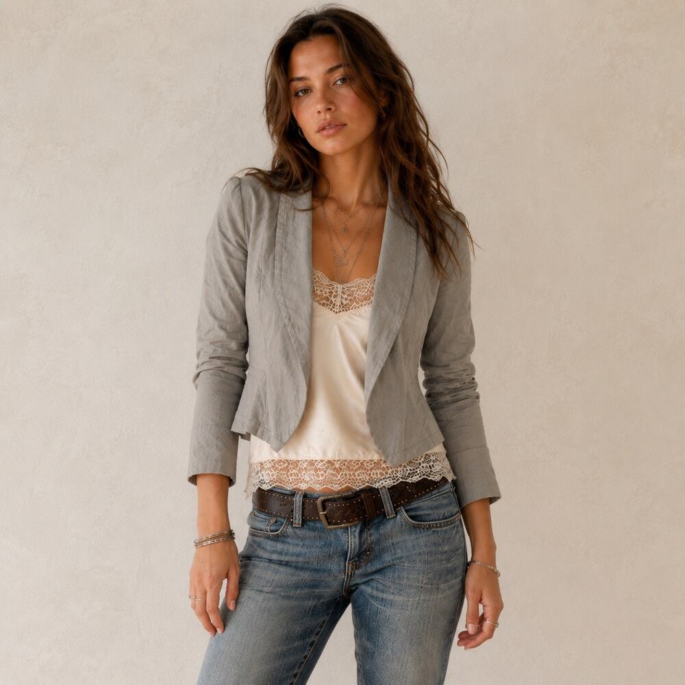 Charlotte Russe Y2K Boho Linen Blend Cropped Fitted Jacket Medium